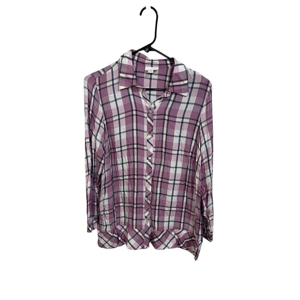 J. Jill Women's MP Purple Plaid Top Tunic Shirt Button Front Long Sleeve Light